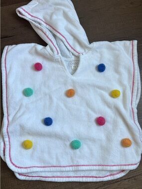 Mud Pie White Hooded Kids Swim Poncho with Multicolor Pom Poms